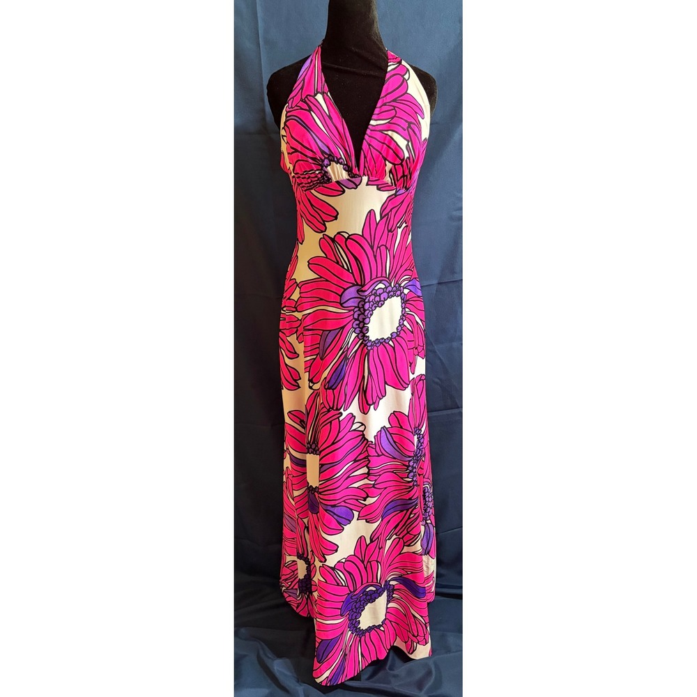 VTG 70s DeWeese Designs Hot Pink Floral Halter Swim Dress Maxi Size 14 Bra Slit